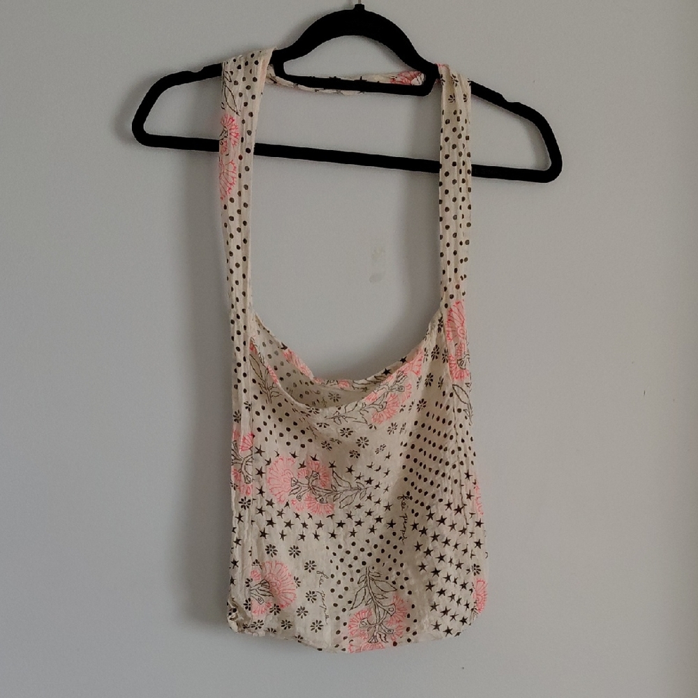 Free People Boho Beachy Floral Tote Bag Polka Dot Stars Lightweight Gauzy Pink